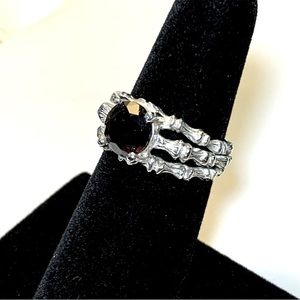 Modernist Sterling Silver and Red Garnet Ring, Size 6